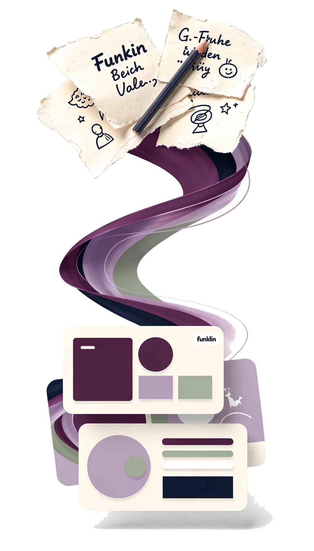 Aus handschriftlichen Notizschnipseln – Ideen, Notizen, Entwurf – entstehen über einen violetten Fluss fertige Social-Media-Beiträge.